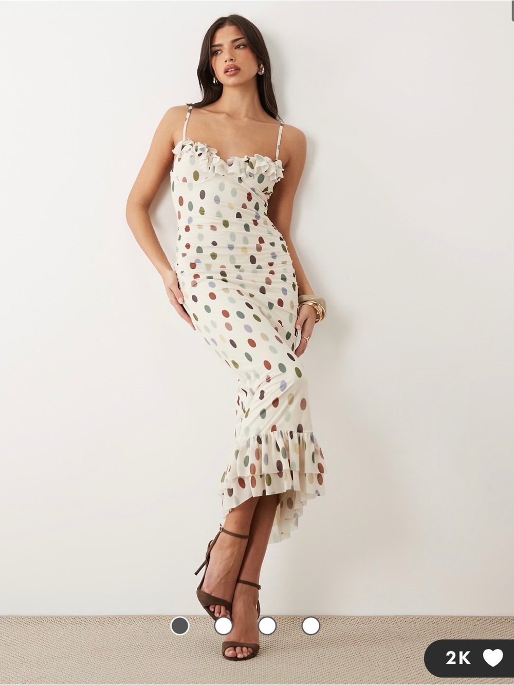 ASOS DESIGN polka dot stretch chiffon midi dress with frill bust in cream
